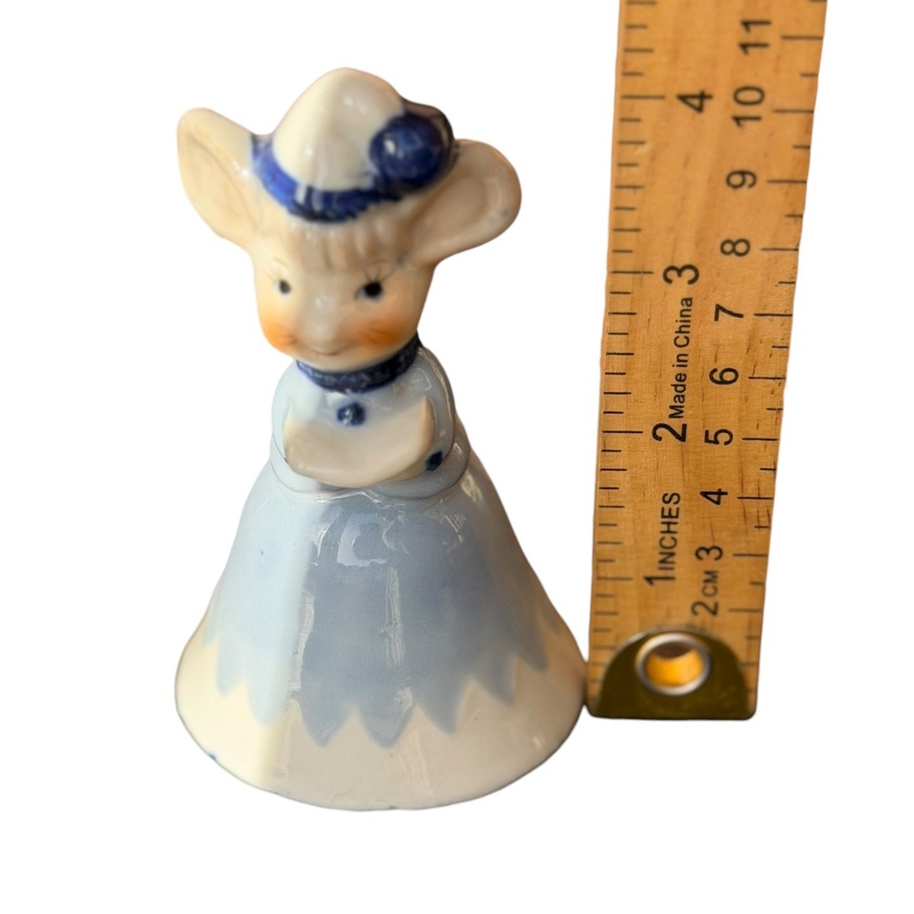 Vintage Ceramic Mouse Bell Figurine Blue Dress Bonnet Hand Painted Kitsch Decor - Picture 10 of 10
